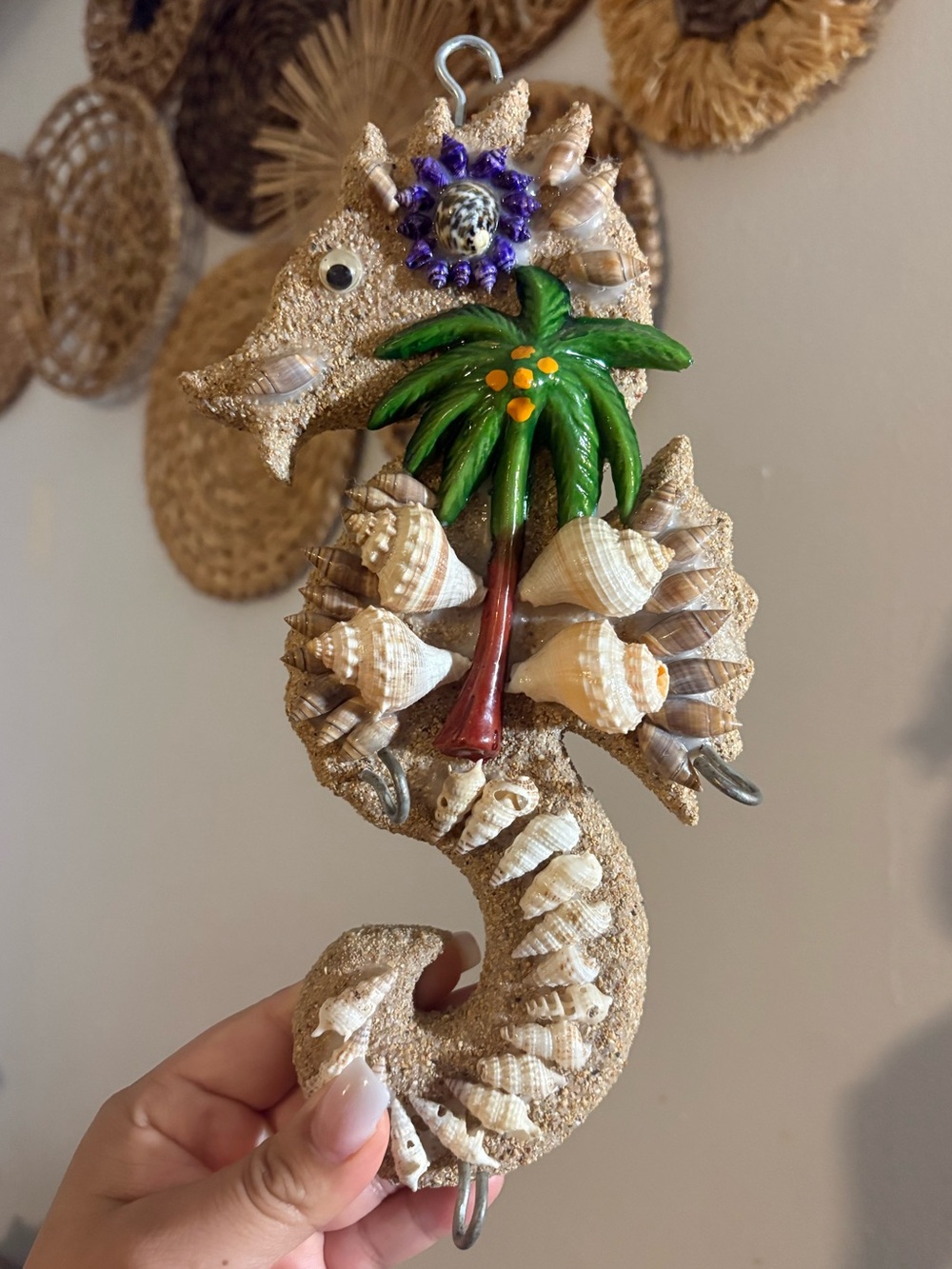 Handcrafted Seafoam Seahorse Wall Hanging with Shells and Green Palm